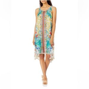 Johnny Was Avalon Print S Floral Birds Sleeveless 100% Silk Hi Low Dress